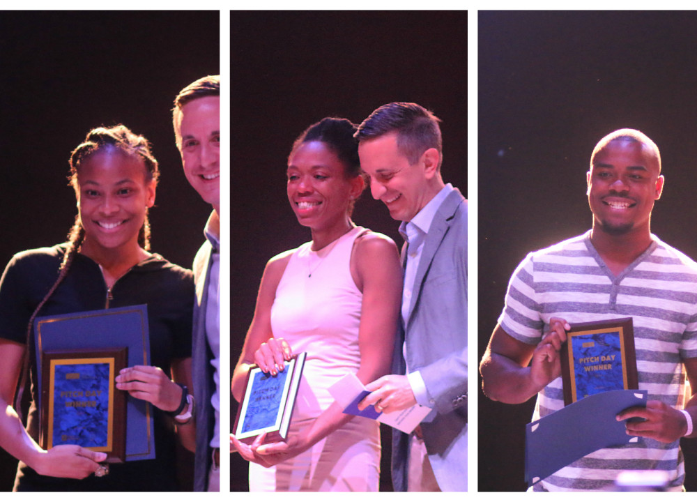 IHHE students Kyree Holmes, Ke Stevenson, and Tony Chennault receiving a plaque as they are announced winners by Patrick Morgan from the Knight Foundation.