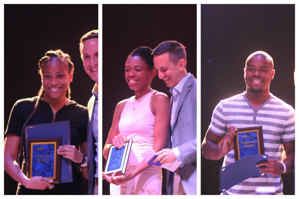 IHHE students Kyree Holmes, Ke Stevenson, and Tony Chennault receiving a plaque as they are announced winners by Patrick Morgan from the Knight Foundation.